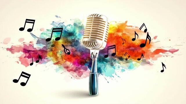 Retro microphone with colorful artistic music notes splash background