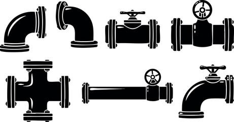 Industrial pipe fittings valve connectors plumbing equipment vector illustration set