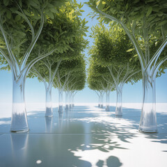 Tree reflections on wet ground in a bright summer park.