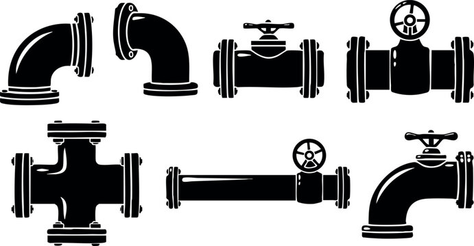 Industrial pipe fittings valve connectors plumbing equipment vector illustration set