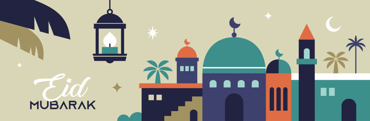 EID Mubarak banner, poster, greeting card, cover design with mosque, lantern and typography in flat geometric style.

