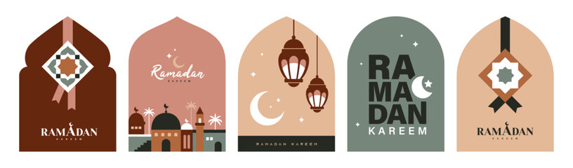Ramadan Kareem, set of Islamic windows design with mosque, lantern, ketupat, cresent moon and typography design.   © LittleWhale