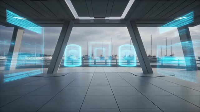 Modern architectural pavilion overlooking serene harbor with fishing boats and cloudy sky during twilight hours