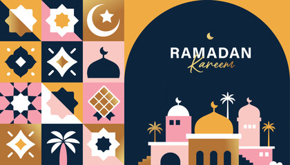 Naklejka premium Ramadan Kareem vector illustration in flat geometric style design for poster, greeting card, banner and cover.