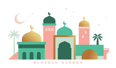 Ramadan Kareem banner, poster, greeting card, cover design with mosque, crescent moon and typography in flat geometric style.

