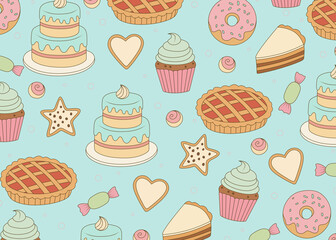 background with colorful hand-drawn bakery and pastry products. Cakes, donuts, cupcakes, cookies, and sweets are featured. Suitable for sweet packaging, cafe menus, and pastry shop menus.