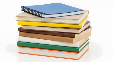 Stack of colorful books of various sizes and thicknesses displayed on white surface for school concept