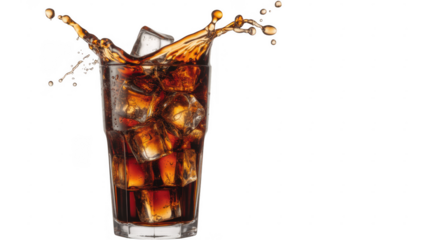 Tall glass of cola with ice cubes and splash isolated on a transparent background