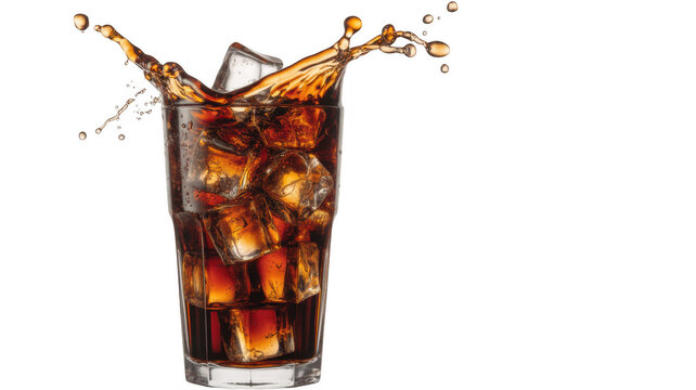 Tall glass of cola with ice cubes and splash isolated on a transparent background