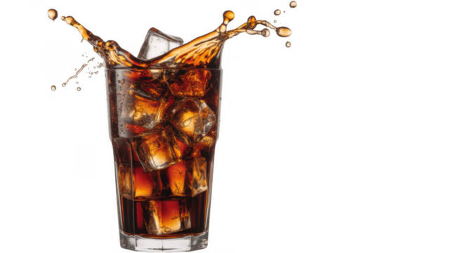 Tall glass of cola with ice cubes and splash isolated on a transparent background