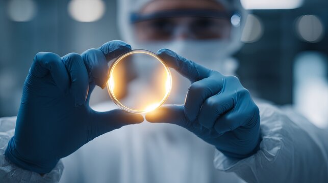 Cutting-edge pharmaceutical research with glowing sample held by a gloved scientist, pioneering scientific discovery in a modern lab, new medical breakthroughs