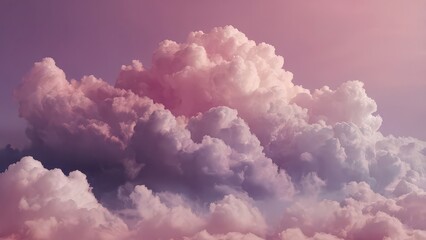 Fluffy cumulonimbus clouds illuminated by soft pink and purple sunset light