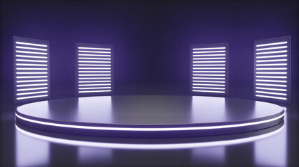 Futuristic room with glowing table and digital screens.