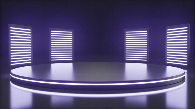 Futuristic room with glowing table and digital screens.