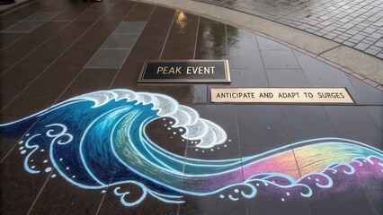 Vibrant chalk wave art drawing on an outdoor pavement surface with signs overhead.
