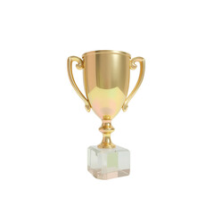 Victory Trophies, 3D Render of Golden and Iridescent Glass Award Cups.