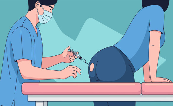 Doctor administering injection to patient in hospital room, ensuring proper medical care and hygiene during procedure, promoting health and safety.