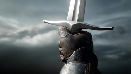 Medieval knight gripping sword amid stormy sky on windy cliff, symbol of courage and heroism video footage
