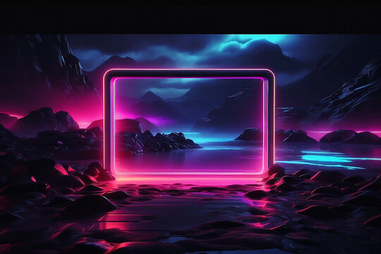 Neon frame reflecting glowing futuristic cyber landscape