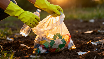 Close up of gloved hands picking up a plastic bottle and holding a recycling bag at sunset