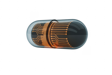 Transparent capsule with internal circuit board isolated on a transparent background