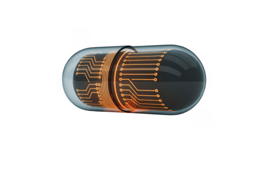 Transparent capsule with internal circuit board isolated on a transparent background