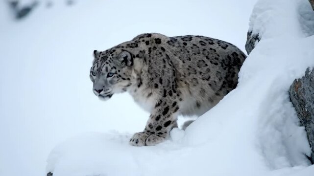 A snow leopard emerges from a snowy rock formation in its mountainous winter habitat