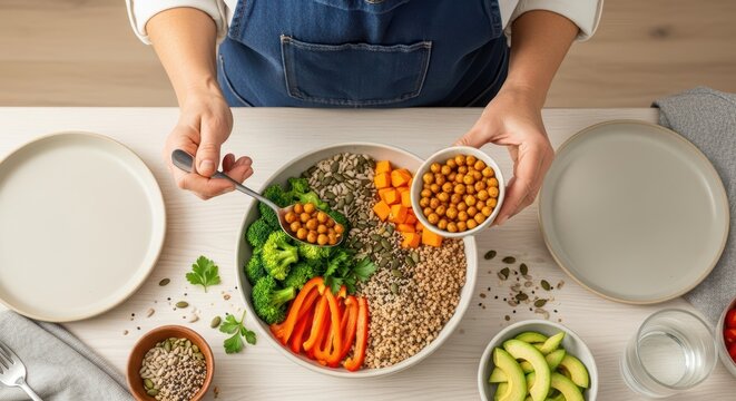 Female preparing a colorful vegan buddha bowl with fresh vegetables and grains