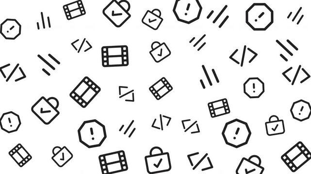 Seamless pattern of digital icons including code, video, and data symbols on a white background, flat graphic design, technology concept