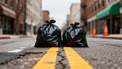 Closeup gritty asphalt street with glossy garbage bags in foreground, soft bokeh city buildings and faded yellow road markings