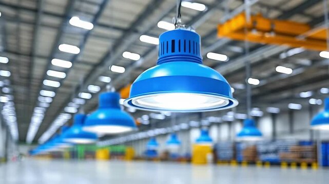 Blue industrial ceiling lamp in modern warehouse setting with steel structure and led lighting