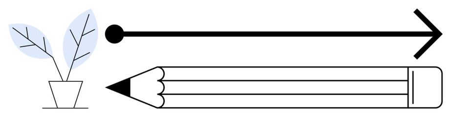 Plant in a pot signifying growth, straight arrow indicating progress, pencil symbolizing creativity and design. Ideal for success, development, innovation, art, education, strategy and growth