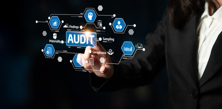 A business professional interacts with a digital interface showcasing audit processes, emphasizing compliance and data visualization in a corporate setting. Tessel