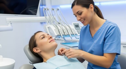 Obraz premium Female dentist assisting female patient in modern dental clinic