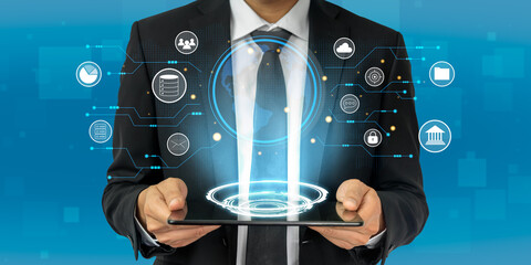 A global business network and digital infrastructure concept. A worldwide connection of services including data, finance, and secure communication. Motif