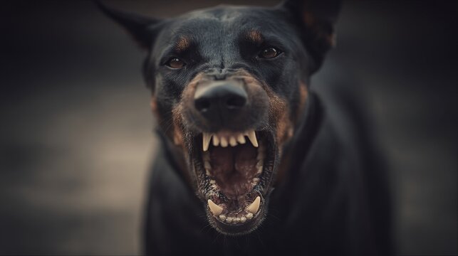 Powerful doberman growling aggressively, showing its sharp teeth and intense gaze, perfect for conveying strength, protection, or the darker side of nature