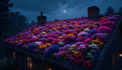 a glowing colourfull flower bed spread on the roof of a house