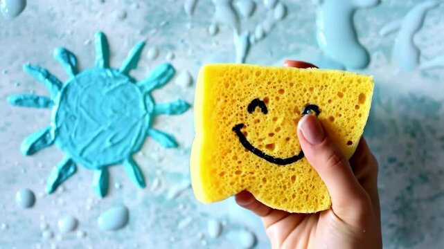 Yellow sponge with smiley face held by hand on wet surface with blue sun drawing