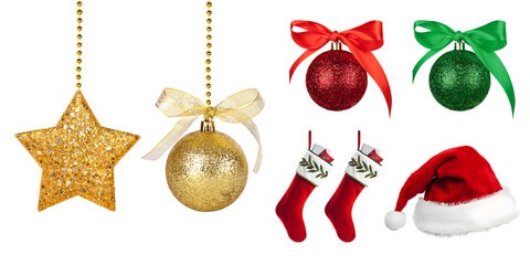 Png image of Festive christmas ornaments including a gold star gold bauble red bauble green bauble christmas stockings and santa hat against a for holiday cheer on transparent background