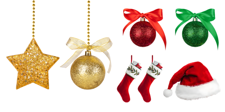 Png image of Festive christmas ornaments including a gold star gold bauble red bauble green bauble christmas stockings and santa hat against a for holiday cheer on transparent background