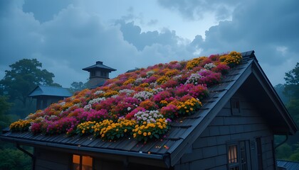 a glowing colourfull flower bed spread on the roof of a house