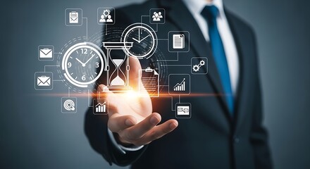Businessman managing time and optimizing productivity with digital tools, workflow icons for business strategy and efficient task completion