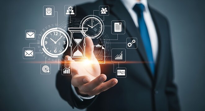 Businessman managing time and optimizing productivity with digital tools, workflow icons for business strategy and efficient task completion