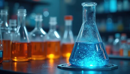 Lab equipment with a blue liquid illuminated inside. Glass beakers with colorful solutions. Science research experiment in progress. Chemistry education lab exploration of medical innovation.