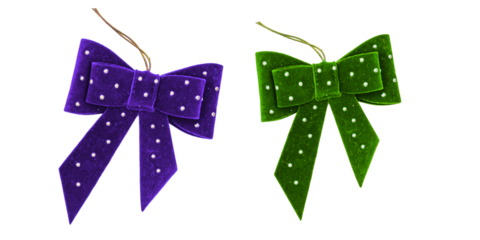 Png image ofTwo velvet bows in purple and green with white polka dots perfect for holiday decorations gift wrapping or festive craft projects adding a touch of elegance on transparent background