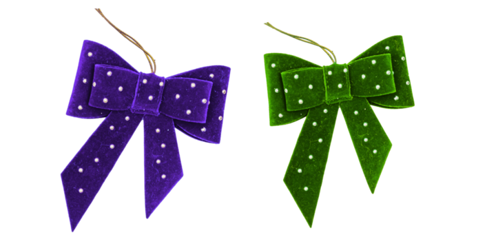 Png image ofTwo velvet bows in purple and green with white polka dots perfect for holiday decorations gift wrapping or festive craft projects adding a touch of elegance on transparent background
