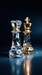 Unique glass and gold chess kings display elegance in a spotlight on a dark blue background