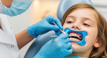 Female dentist examining young caucasian child's teeth with braces in dental clinic