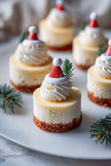 Fictional Santa Hat Cheesecakes Bites with a decoration made of marzipan. Concept of showstopper holiday desserts for Christmas. 