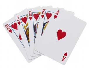 Five red heart playing cards showing ten jack queen king ace isolated on a transparent background